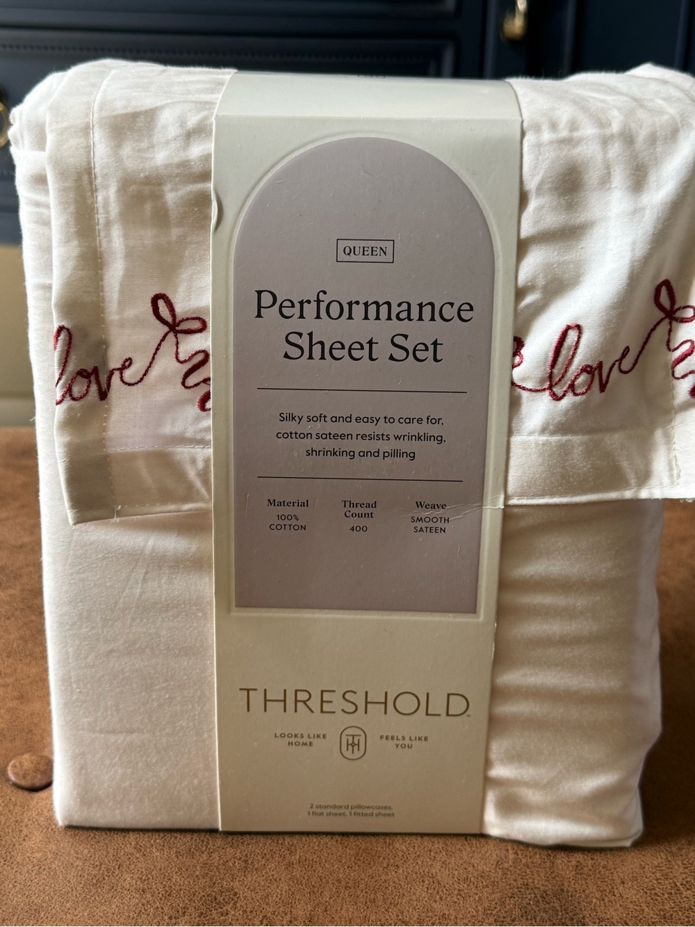 Threshold Queen Sheet Set in Cream with Red Embroidery